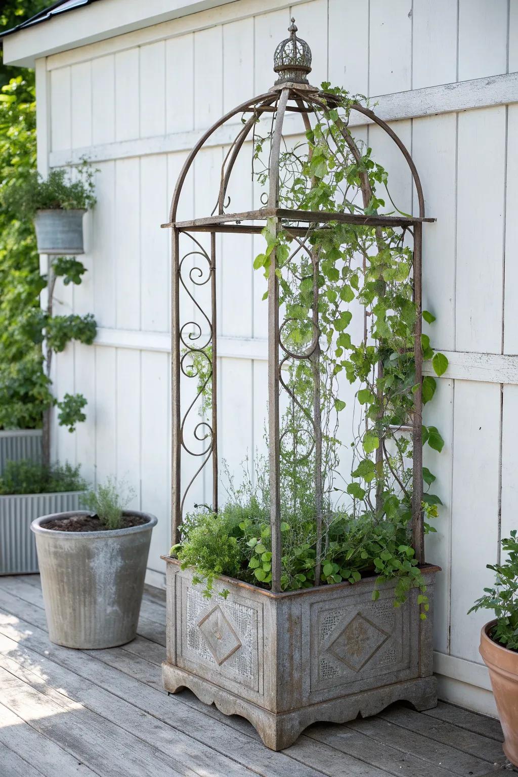 Breathe new vitality into aged treasures with this charming upcycled metallic trellis vessel.