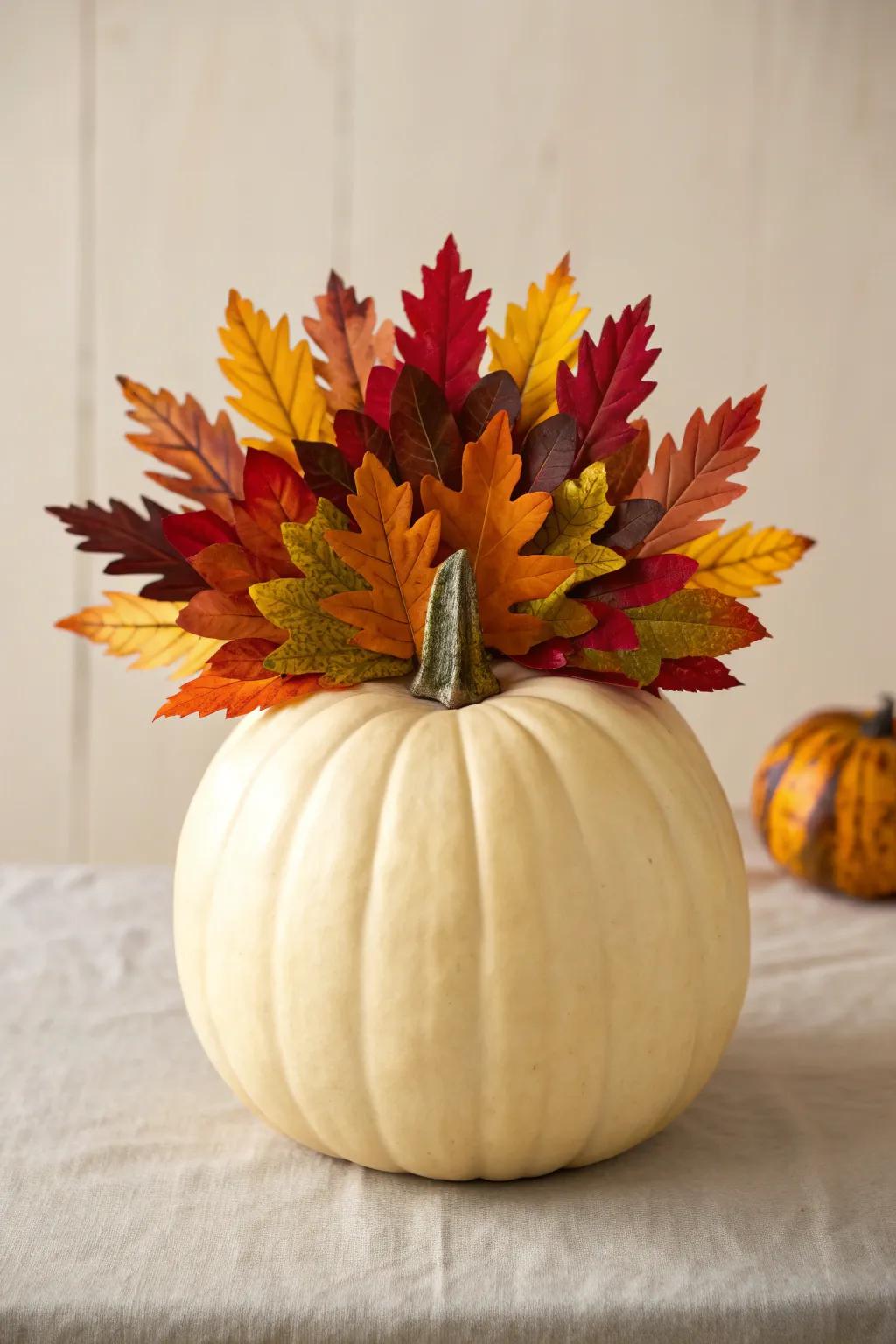 Embrace autumn's inherent allure with this foliage tail-plume pumpkin, a flawless fusion of minimalism and bohemian enchantment.