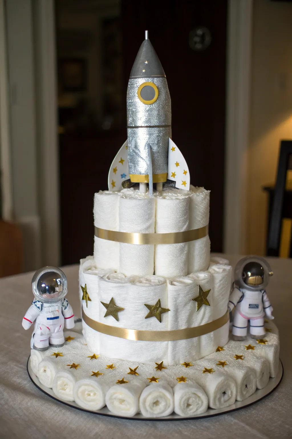 Initiate your child’s journey with a cosmic diaper cake treat!