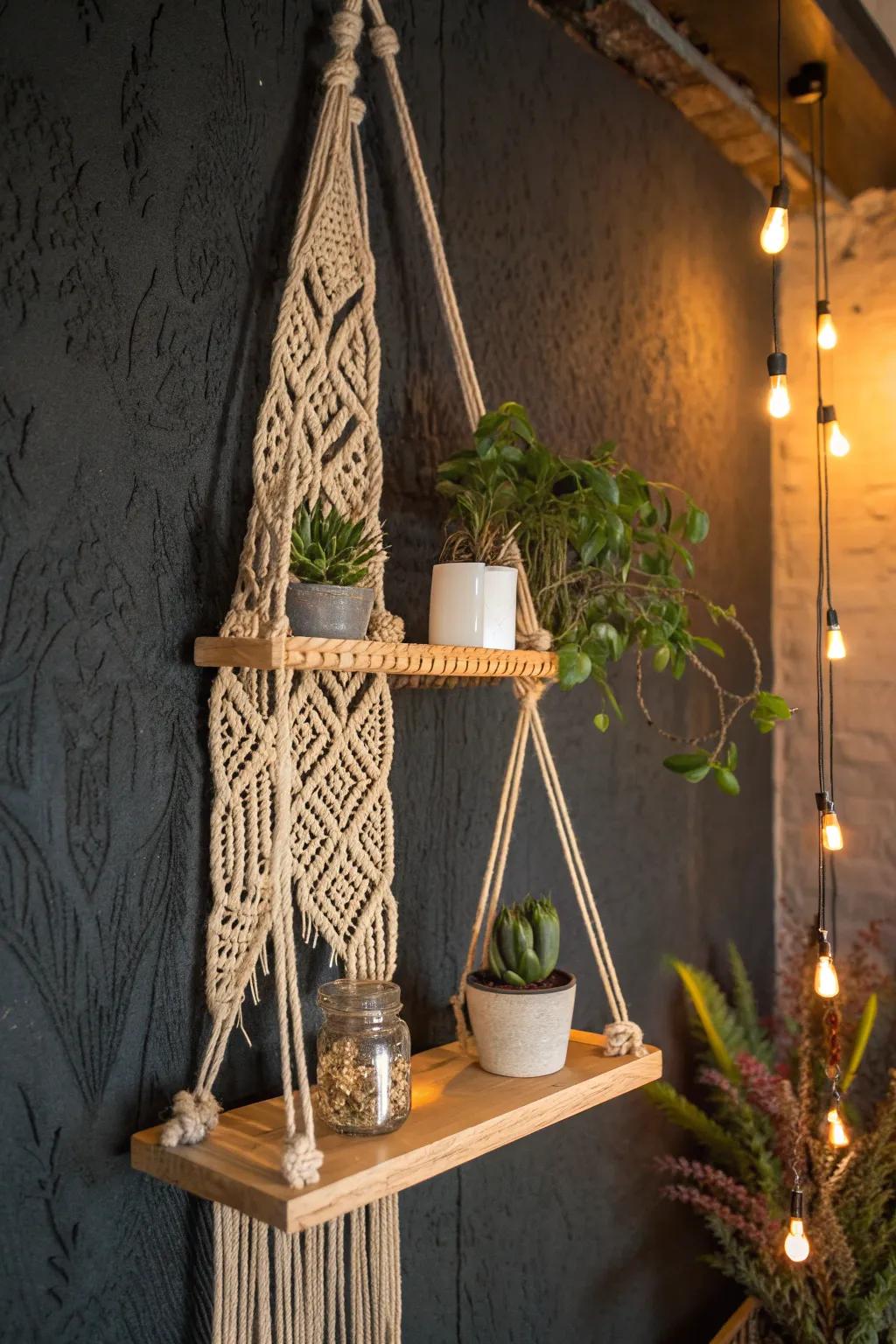 Enhance your space with the homespun allure of macramé dangling platforms, perfect for spotlighting your treasured small keepsakes.