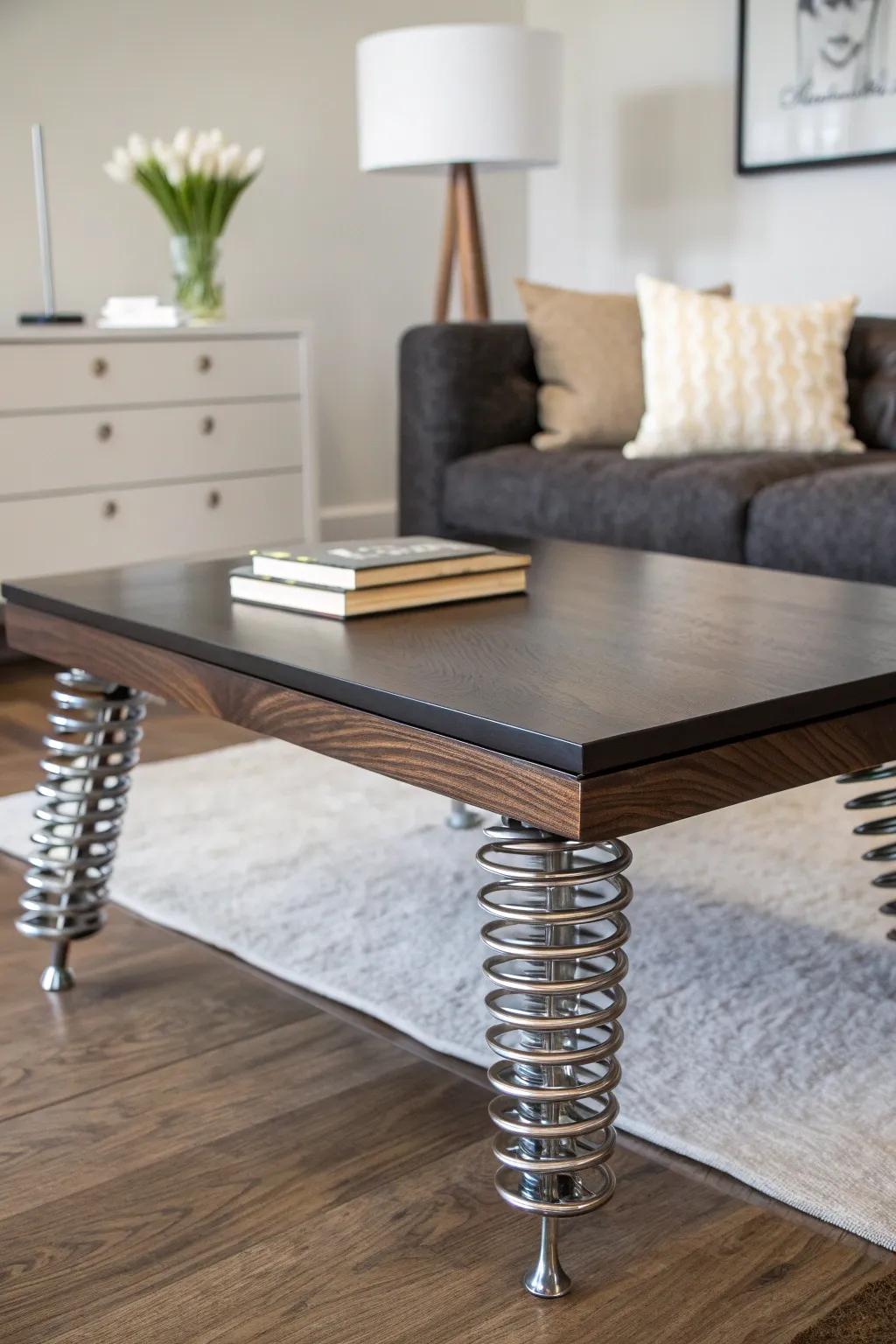 Transform your space with creativity—trampoline springs reimagined as table legs for an audacious, contemporary touch.