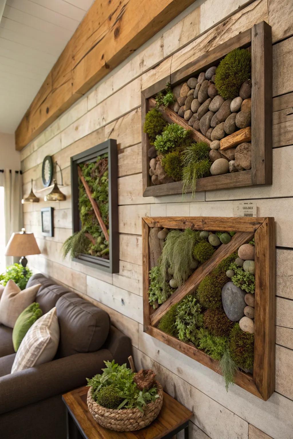 Countryside elegance with terrariums that exquisitely meld pebbles, moss, and timber fragments.