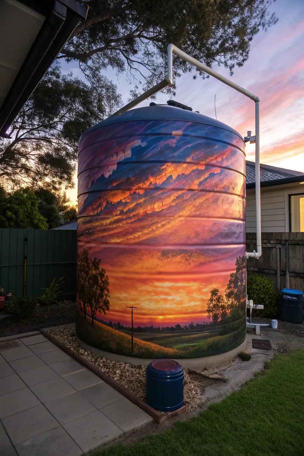 Elevate your garden with a captivating sunset-painted water container—where art complements utility.