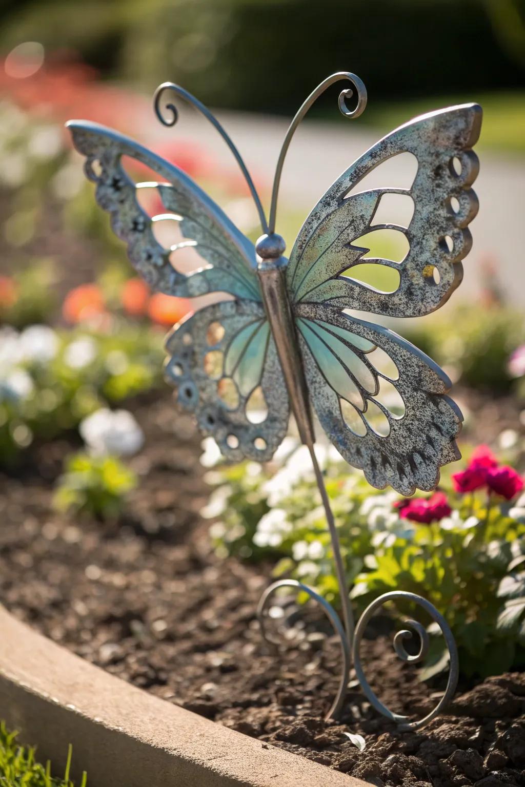 Seize the quintessence of metamorphosis utilizing an assembled metallic winged insect art piece, ideally suited for infusing an artistic nuance into her floral space.