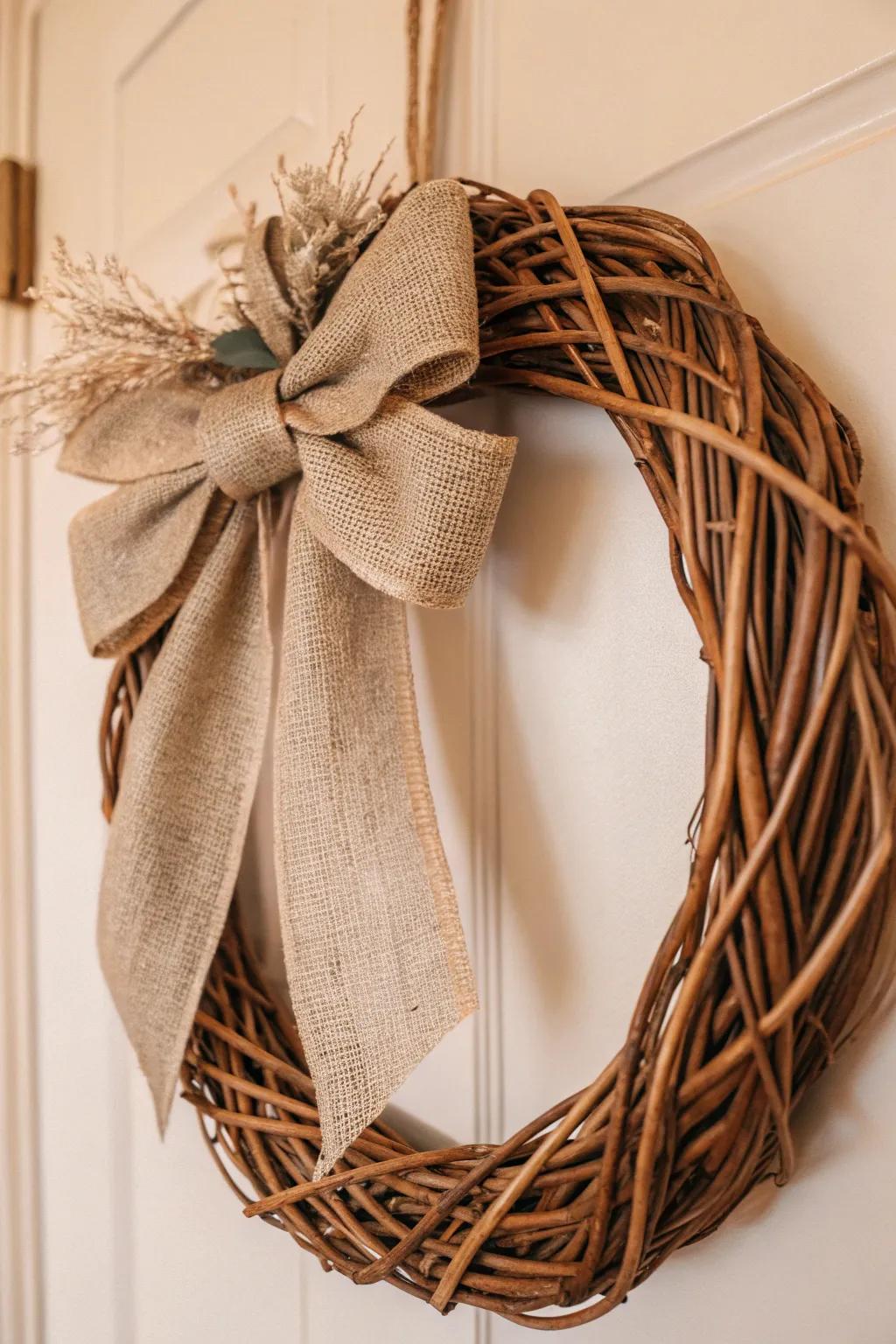 Add a touch of rustic grace to your home with a charming hessian loop on a wicker wreath.
