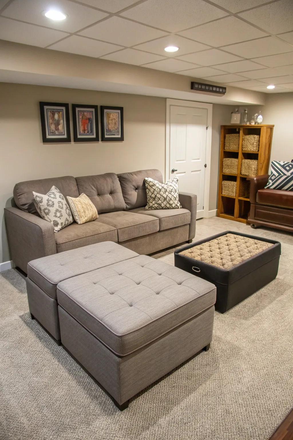 Multi-use furnishings enhance practicality within a basement.