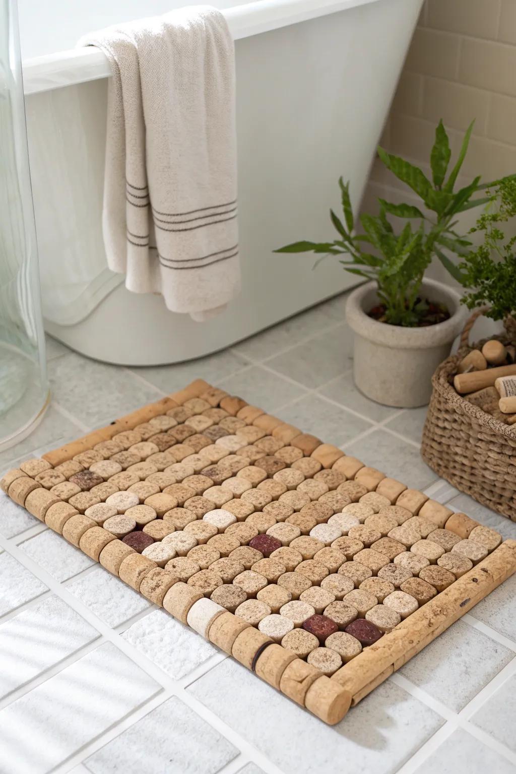 Transform your bathroom with this chic cork shower mat—where minimalist layout meets natural beauty.