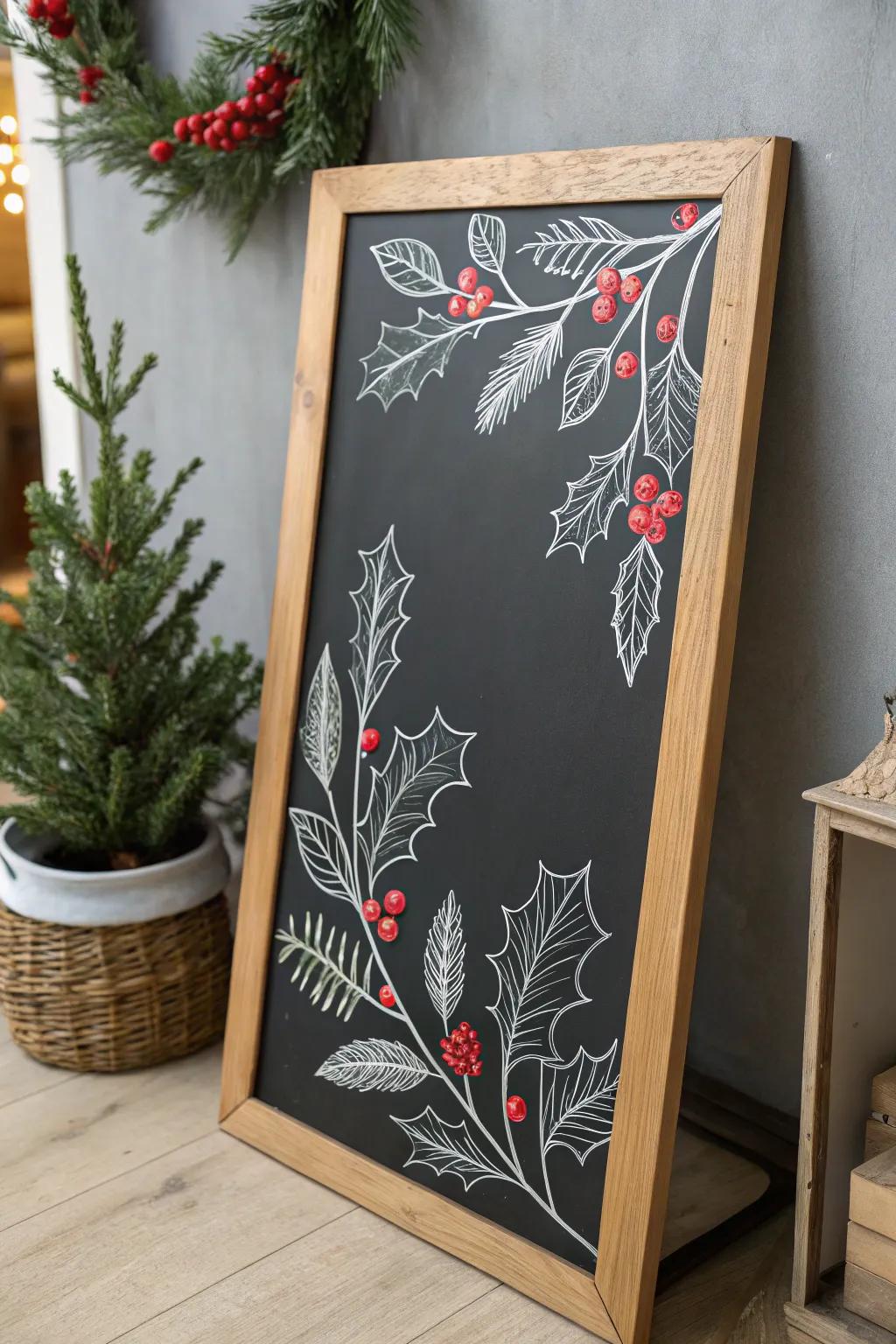 Incorporate a hint of celebratory exuberance through a wonderfully fashioned holly foliage chalk art.