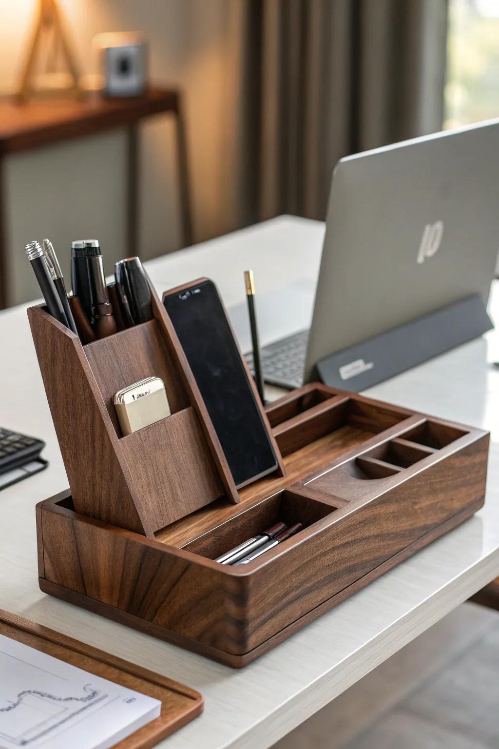 Enhance your workspace with this handcrafted wooden desk organizer—where practicality meets elegance.