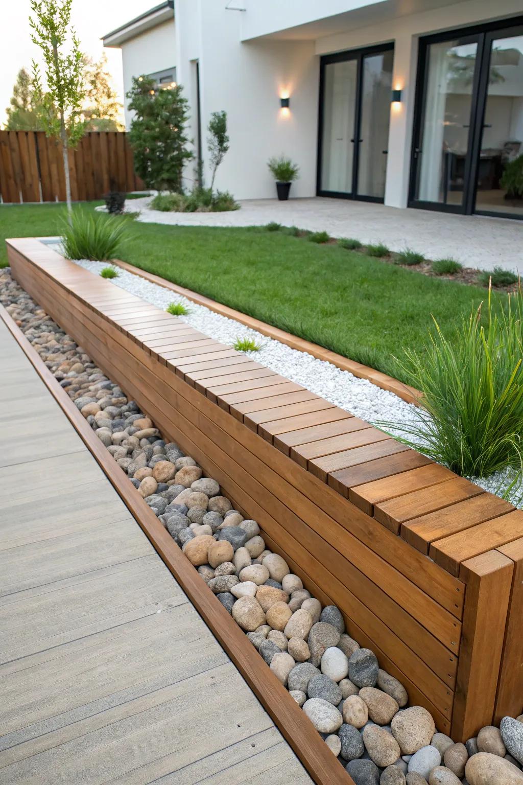 Elevate your garden through modernist minimalism: refined wood edging that embodies sophistication.