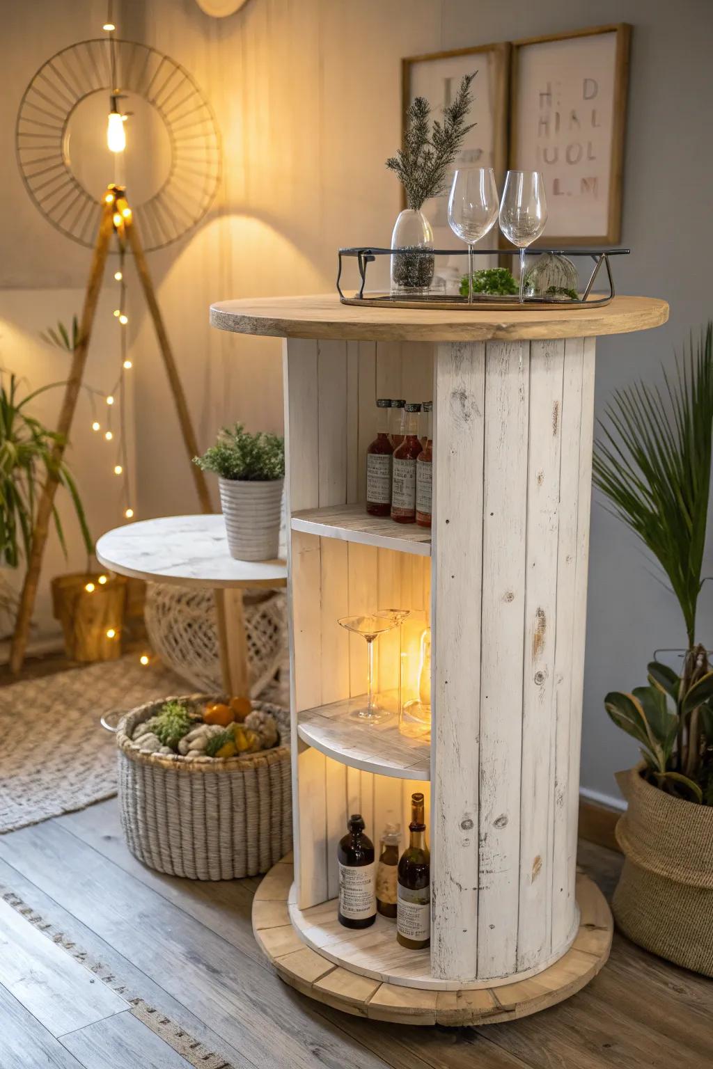 With this DIY wooden spool bar unit—a flawless fusion of minimalist charm and bohemian elegance—turn simplicity into sophistication.