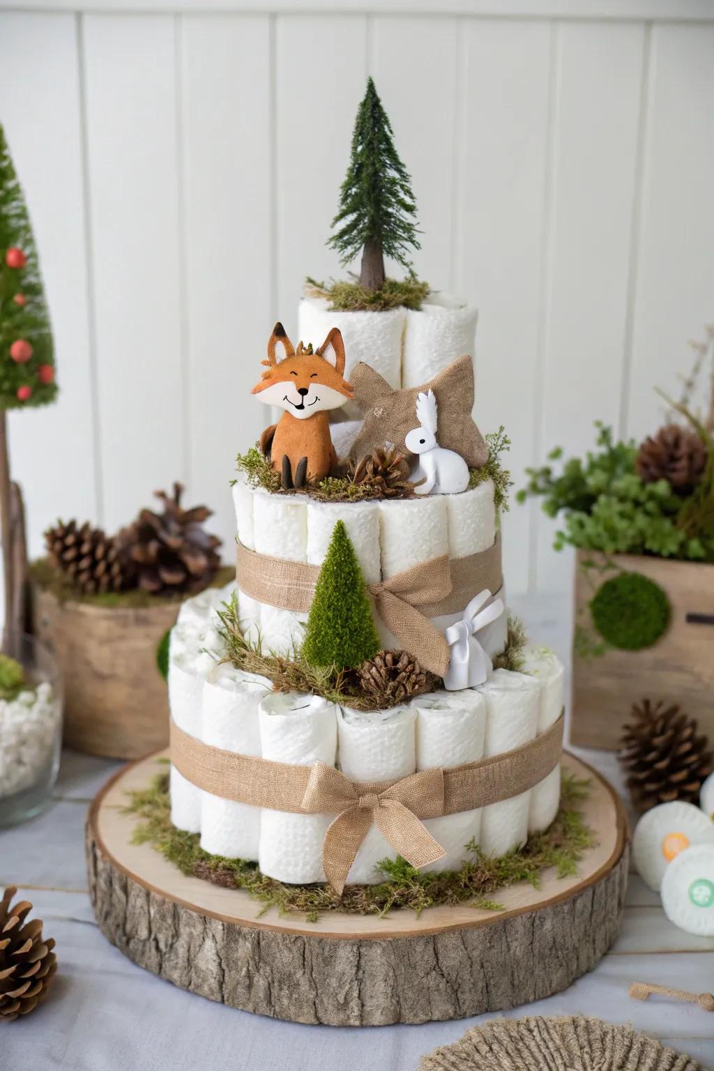 Enchant your attendees through a subtle infusion of arboreal enchantment within your nappy cake design.