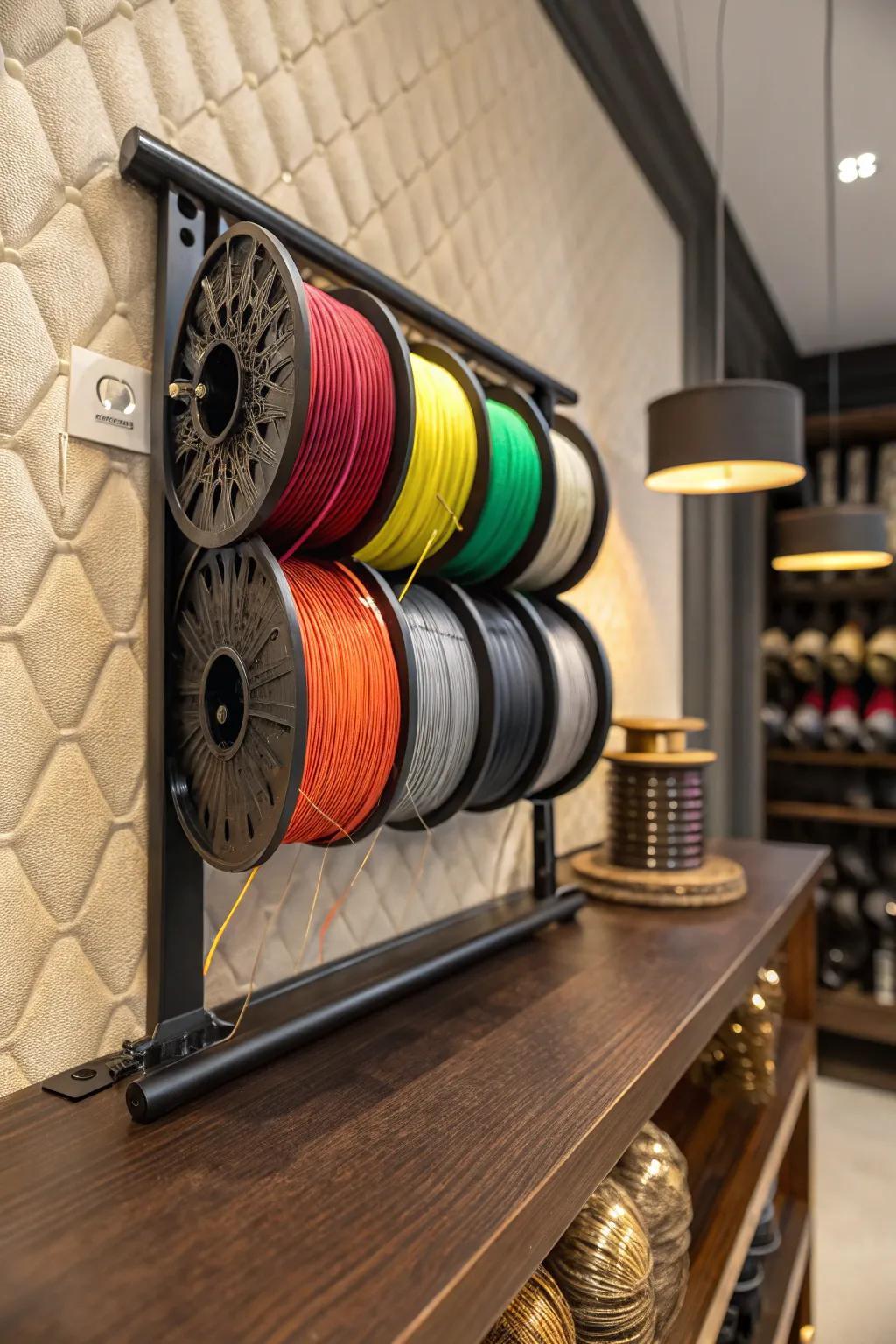 Organize with flair: Transform your workspace with these eye-catching wall-mounted spool mounts.