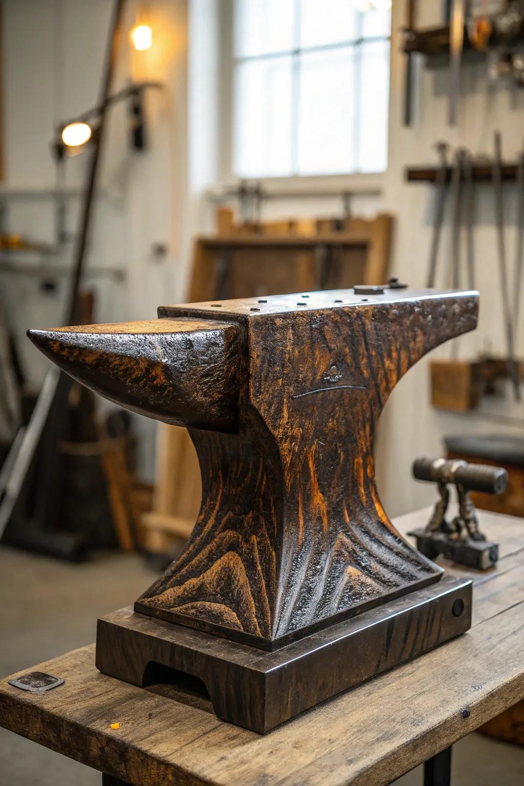 Transform your workspace with a scorched timber sheen anvil stand – where countryside allure converges with refined artistry.