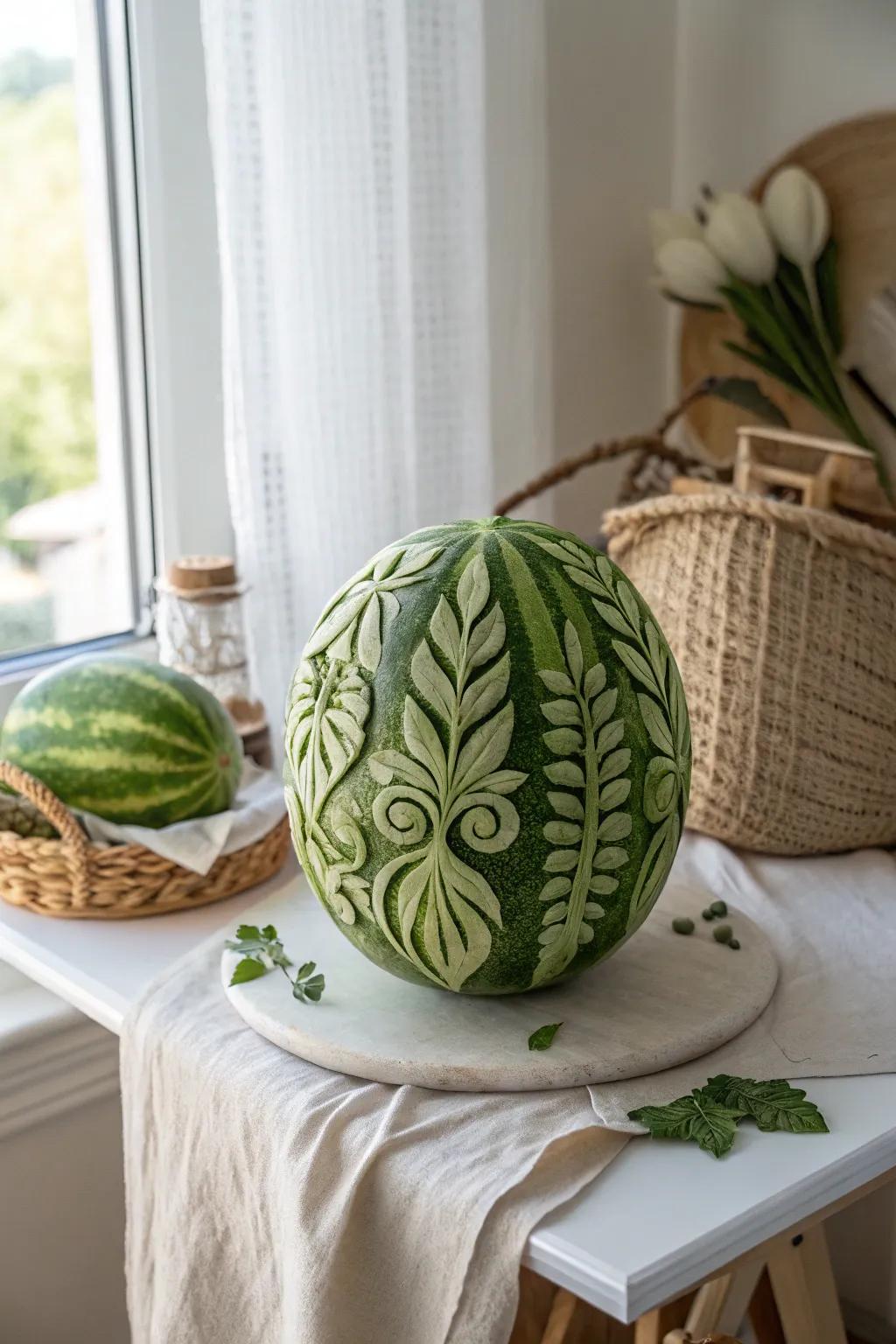 Nature-inspired elegance: Discover the artistry of tropical fruit sculpting with elaborate leafy tendrils.