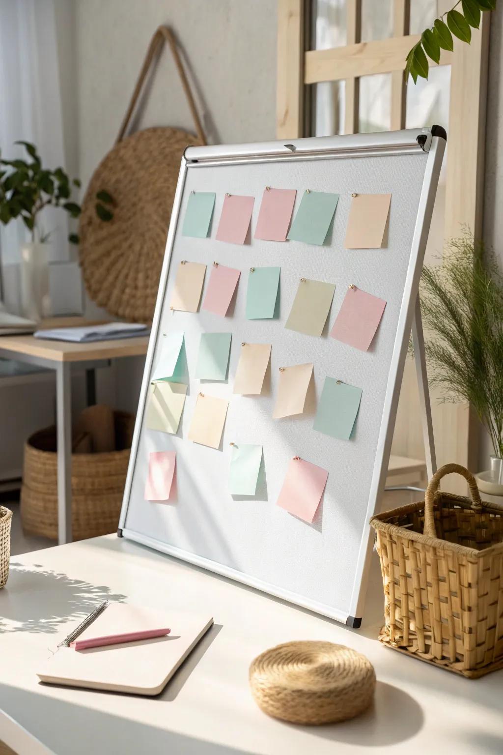 Organize your month with flair and simplicity using pastel sticky notes on a minimalist whiteboard. Perfect for flexible planning with a touch of boho charm.