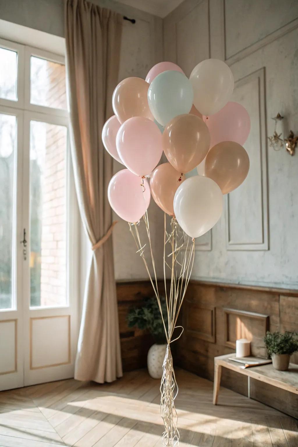 Elevate any space with the captivating allure of soft hue lighter-than-air balloon clusters. #ScandinavianChic #BalloonMagic