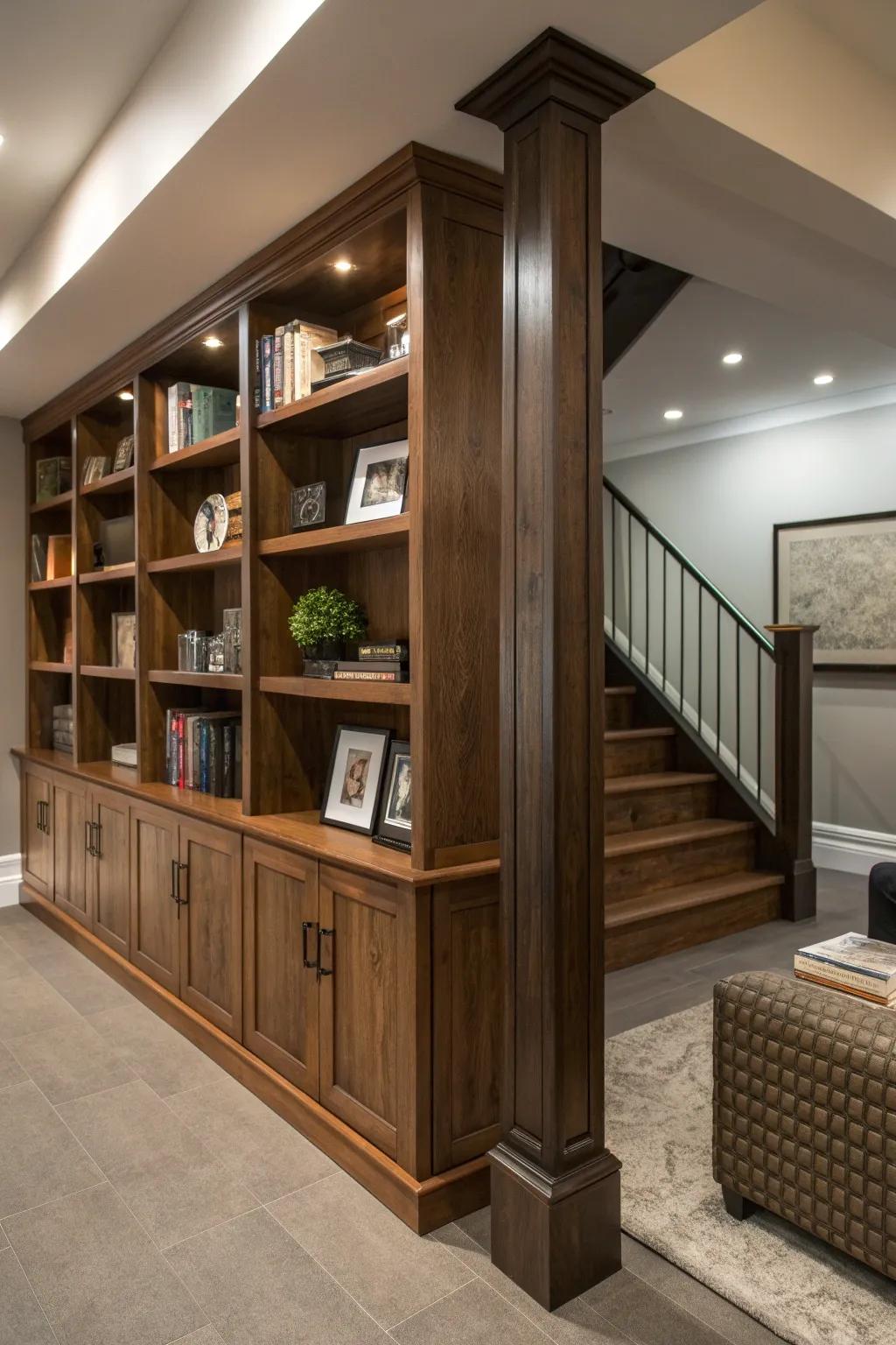 Turn necessity into art: A column-covered bookshelf that redefines basement flair.