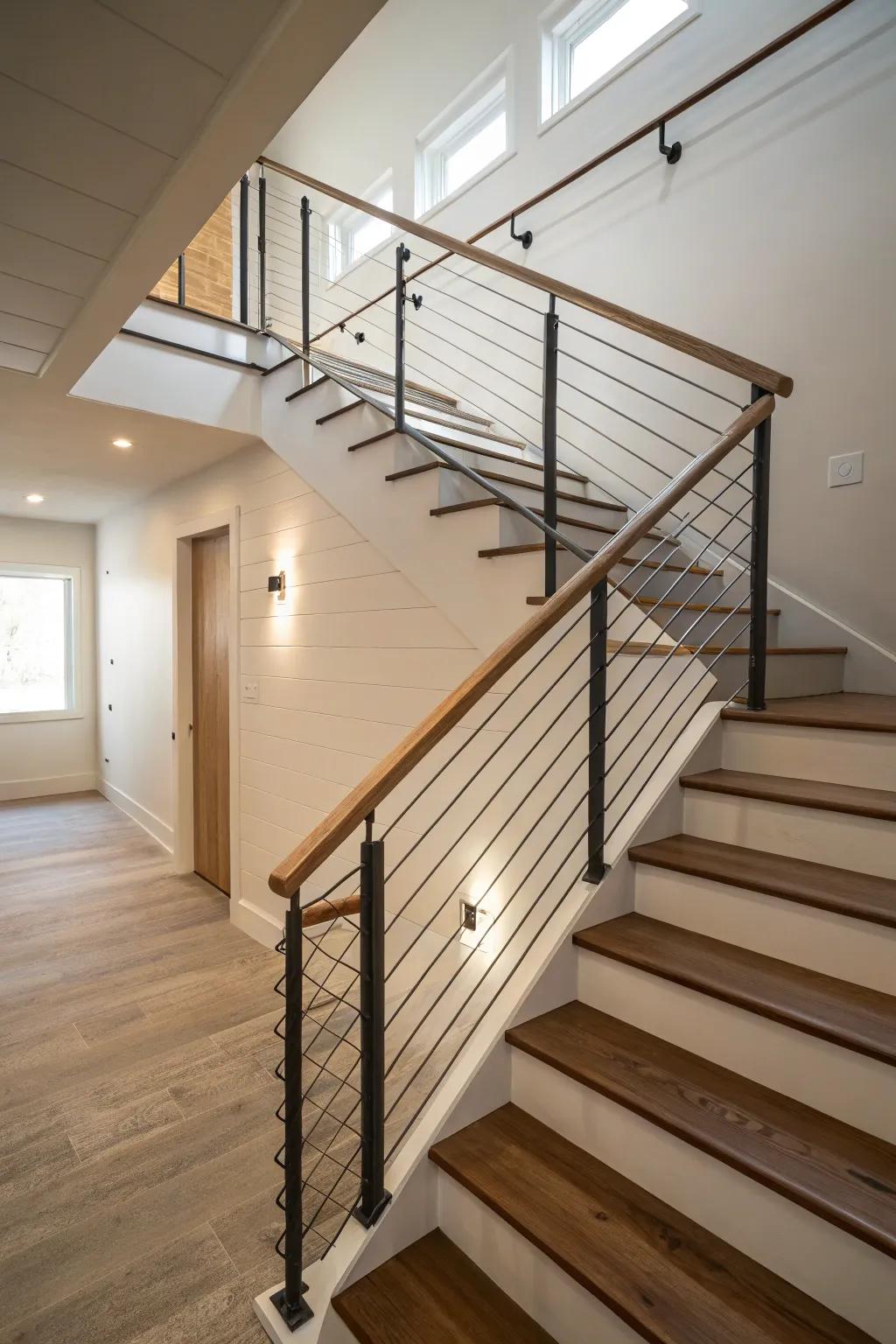 Tension wire railings deliver a contemporary and open sensation to basement stairs.