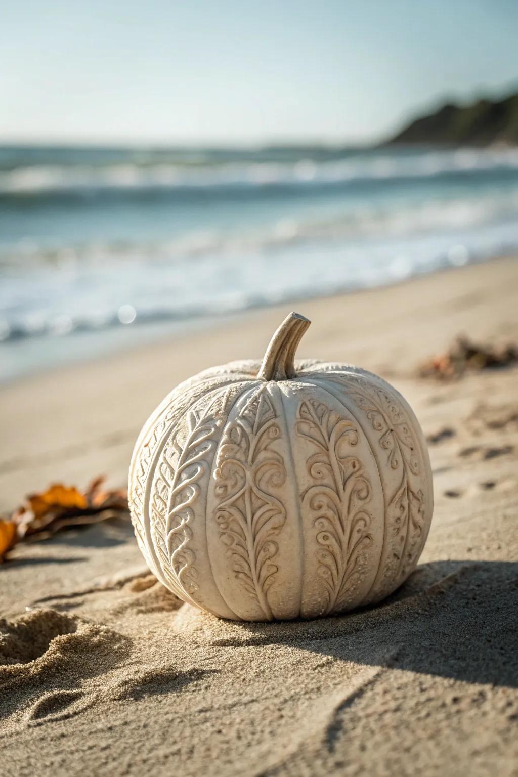 Discover the skill of grainy texture pumpkin carving, where simplicity joins the touch beauty of the coastline.