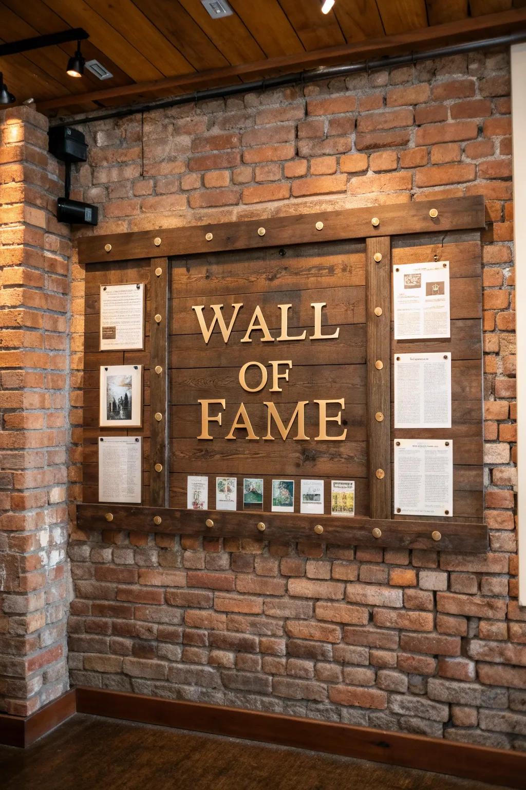 Celebrate accomplishments with a handcrafted 'Wall of Fame' on a rustic brick bulletin board.