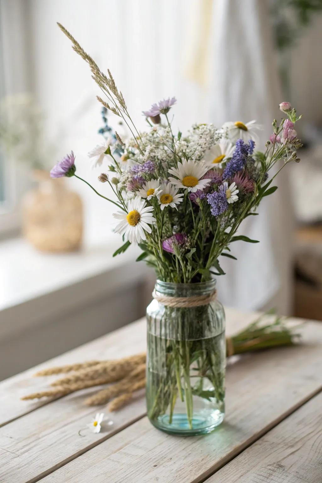 Embody rustic refinement with lovely wildflower bouquets in mason jars—ideal as a heartfelt bridal shower present.