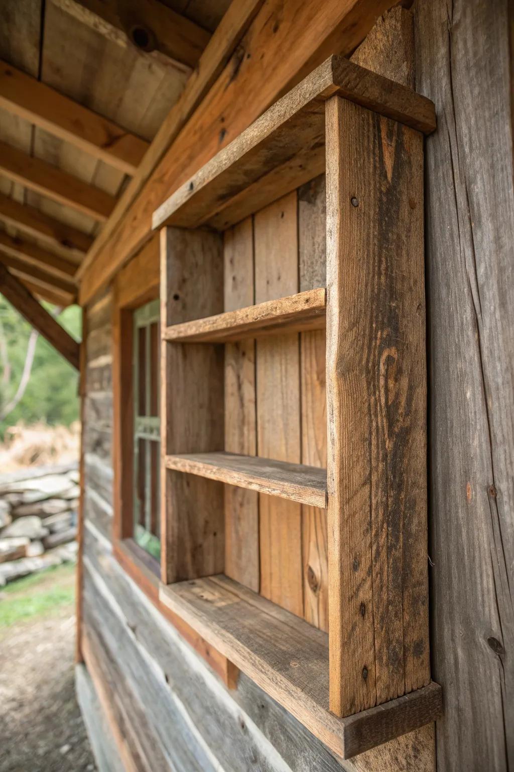 Enhance your shed with the classic beauty of reclaimed timber shelves. #Craftsmanship #SustainableDesign
