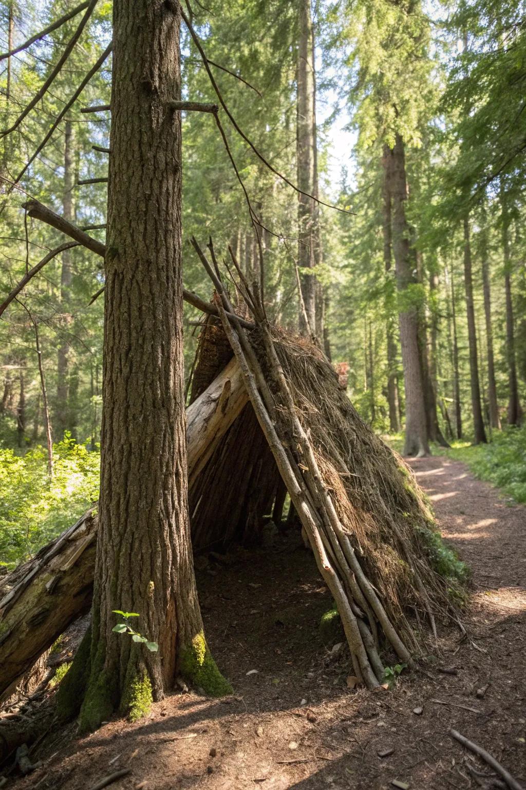 Create a flawless woodland getaway using a fallen trunk slant shelter—nature's exclusive shelter innovation.