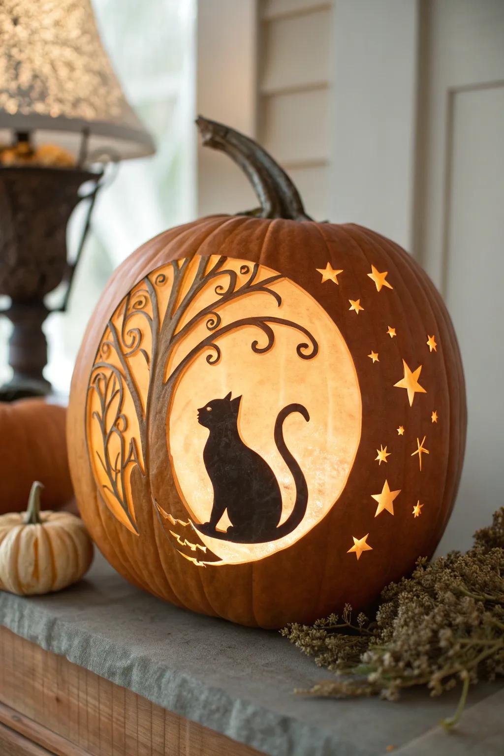 Capture the magic of the night with this enchanting Feline in the Crescent pumpkin carving.