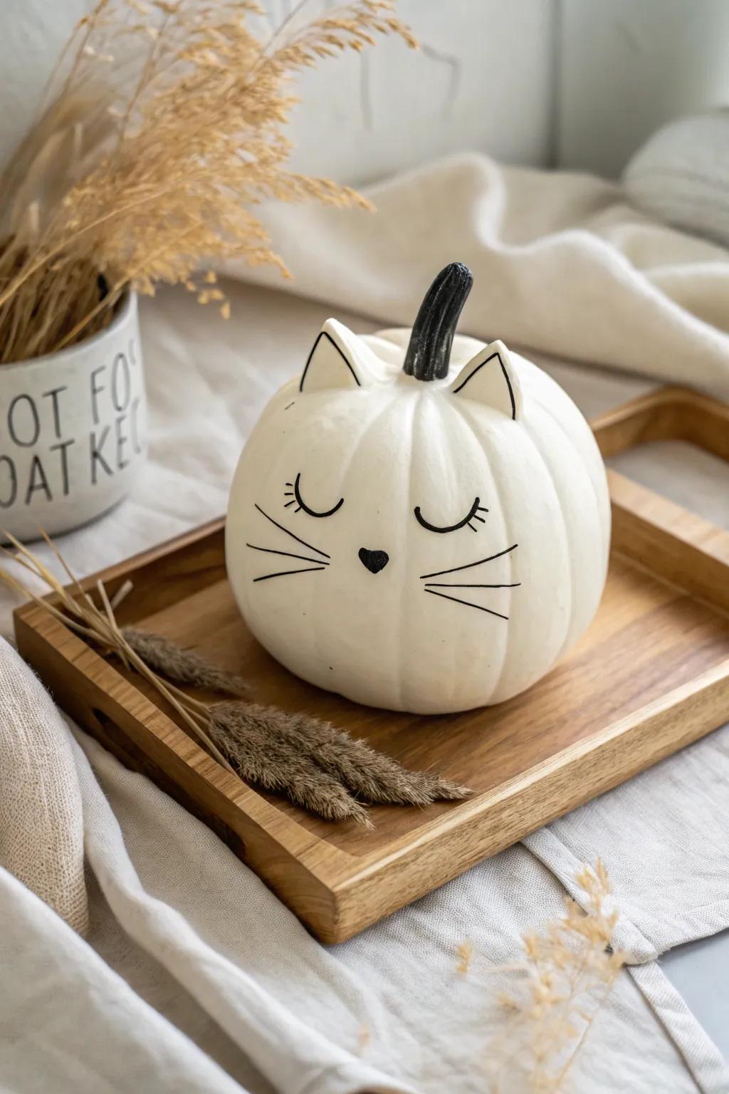 Whiskered Marvel: Enhance your autumn décor with this charming feline pumpkin, merging minimalist Scandinavian style with boho whimsy.