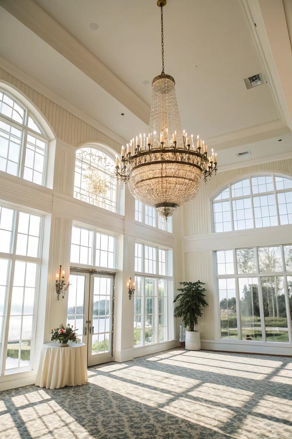A bright and welcoming space displays a chandelier that enhances natural radiance.