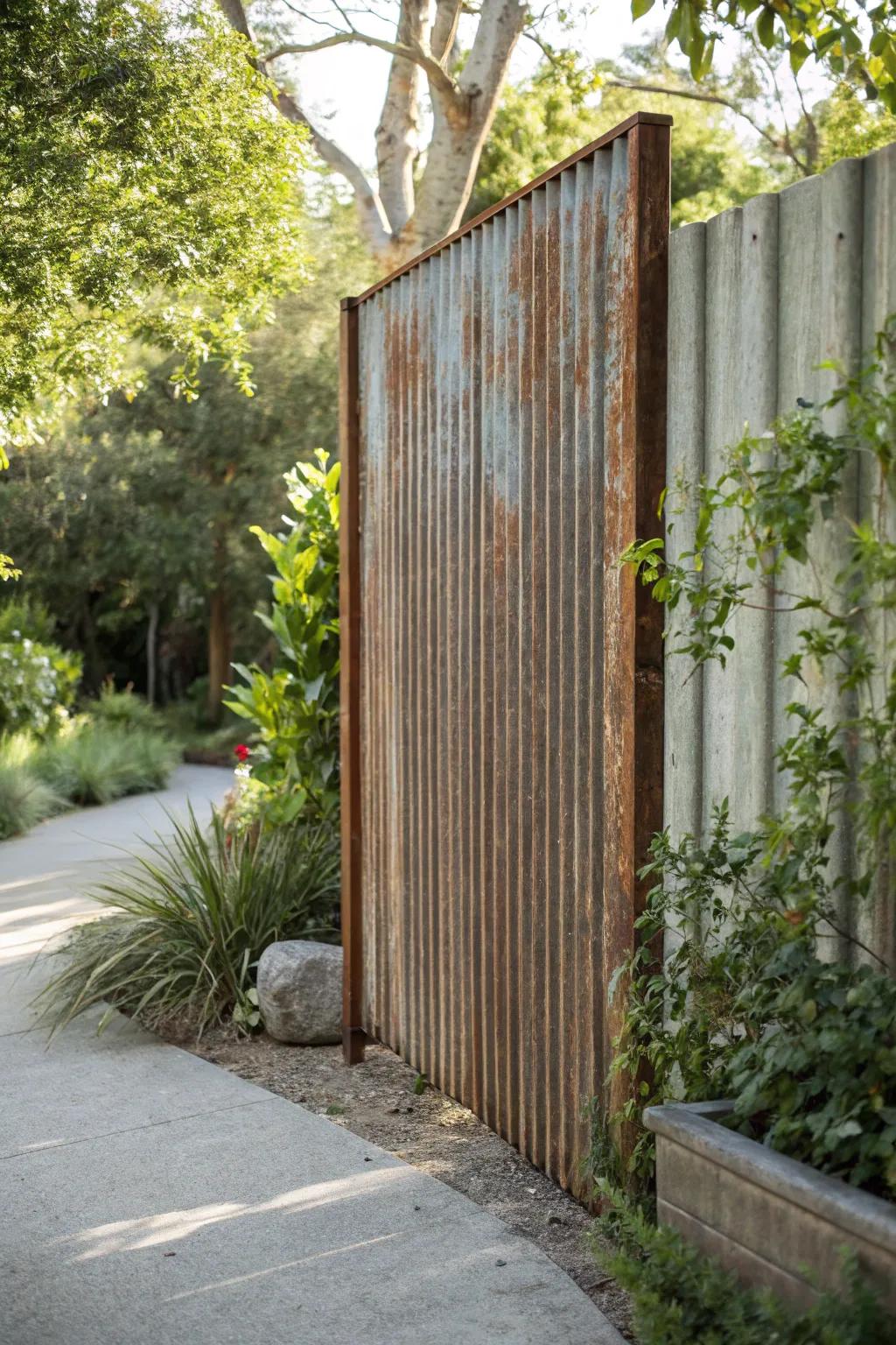 Embrace countryside sophistication with a repurposed creased metal fence, ideal for introducing character to your garden area.