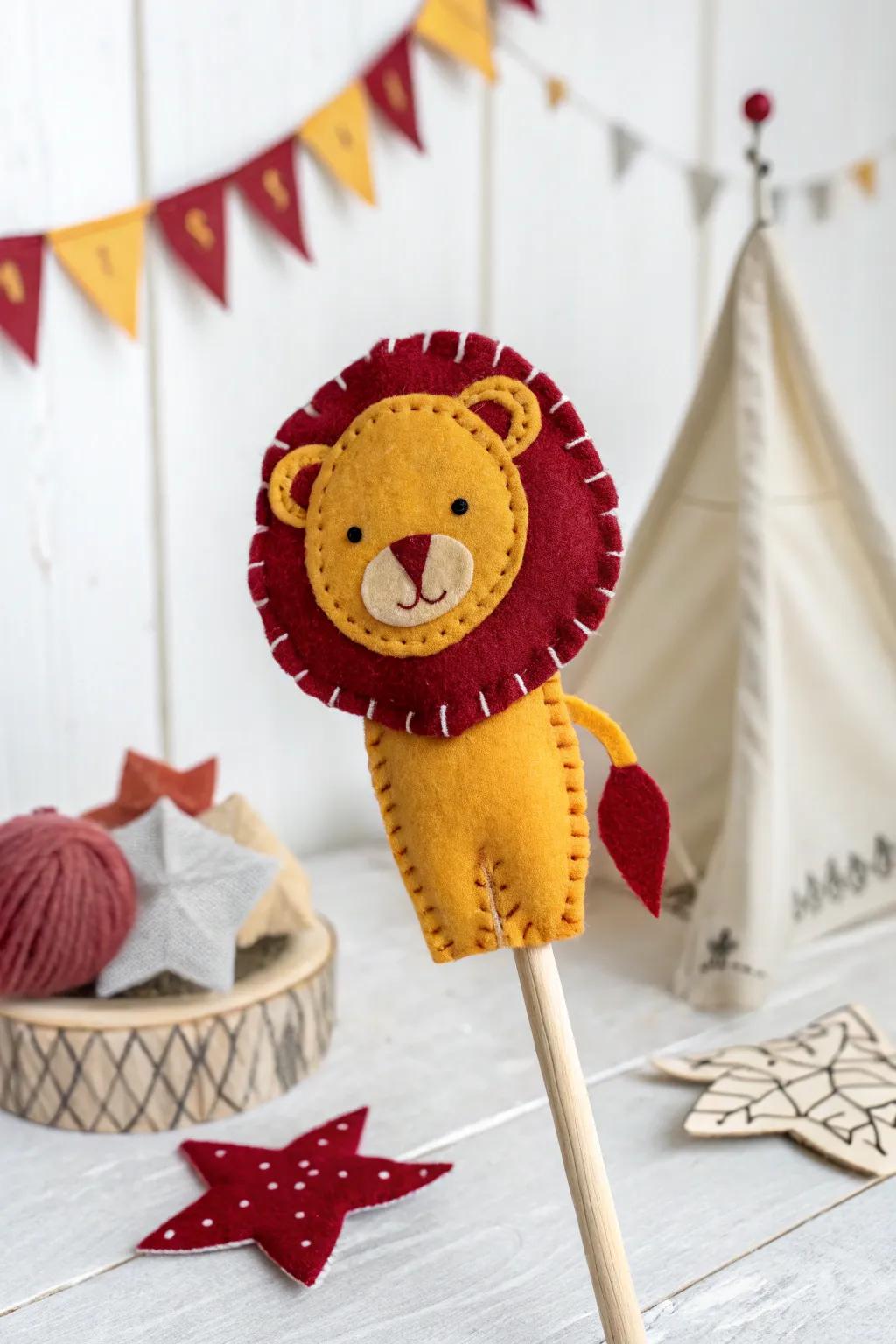 Embrace joyful creativity with this delightful circus lion marionette, crafted with affection and simplicity.