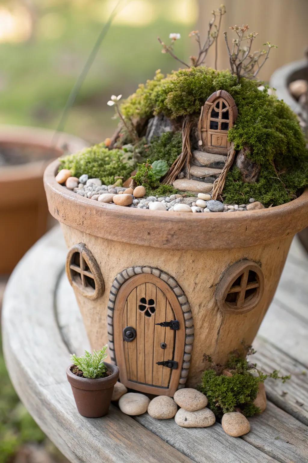 Revolutionize your ambiance through this captivating faerie garden edifice fashioned from a humble earthenware container. An element of enchantment permeates each facet!
