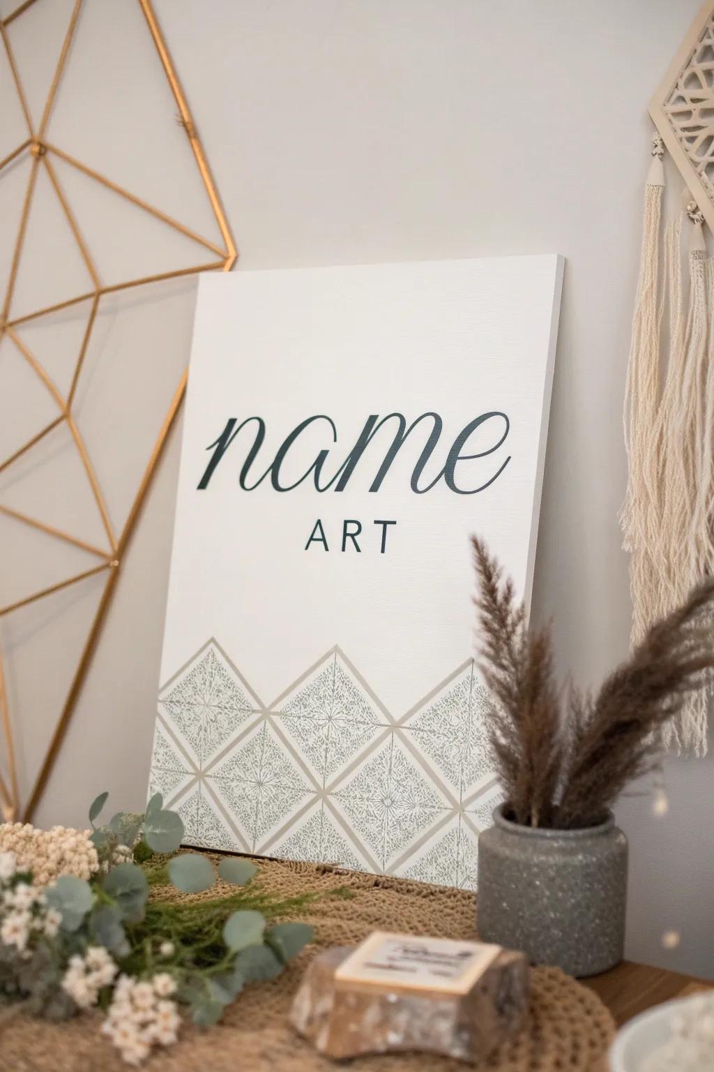 Discover the allure of contrast through name artwork arranged against serene symmetrical designs.