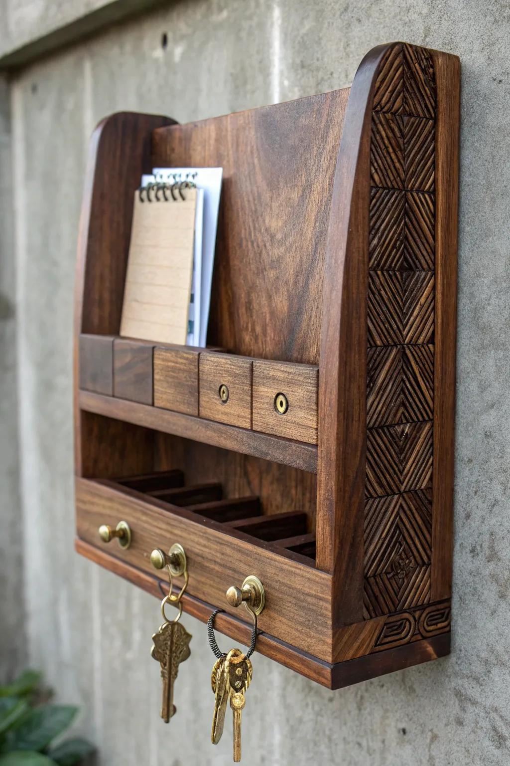 Elevate your entryway with a stylish, handcrafted lumber organizer combining practicality and sophistication.