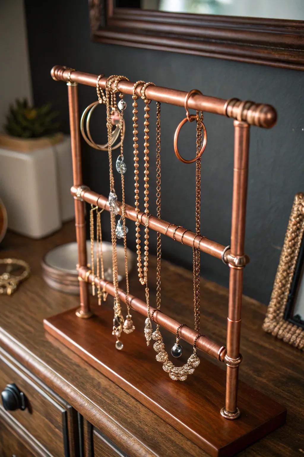 Enhance your accessory organization with this handcrafted copper tube accessory station—where style meets craftsmanship.