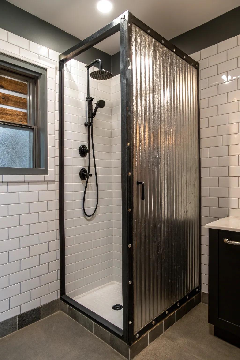 Maximize your washroom space with a stylish corrugated metal shower corner.