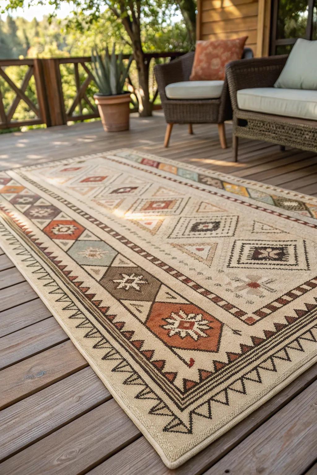 Transform your deck into a comfortable sanctuary with a vibrant exterior floor covering.