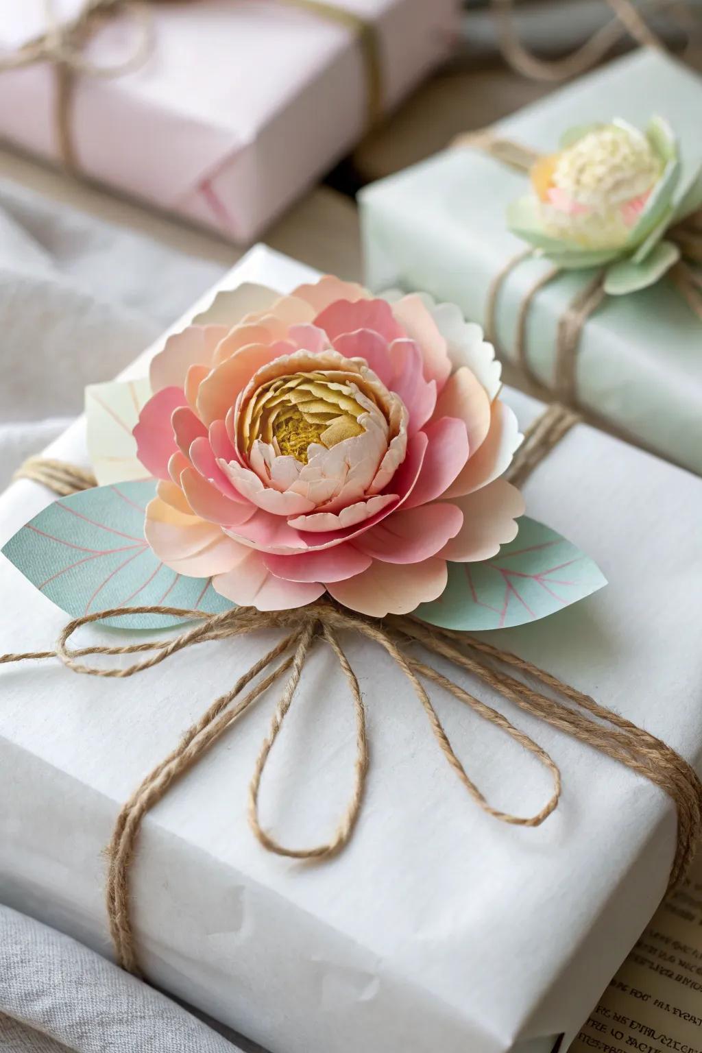 Impart an element of sophistication to your presents through handcrafted paper blossom adornments.
