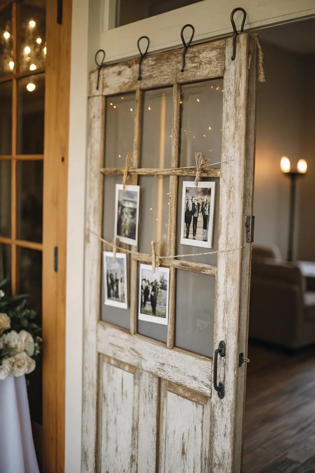 Transform memories into art with this charming vintage door photographic display.