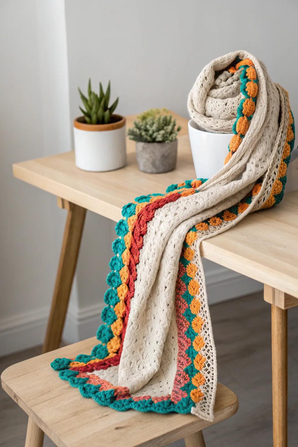 Give your style a burst of color with vibrant crochet scarf edges!
