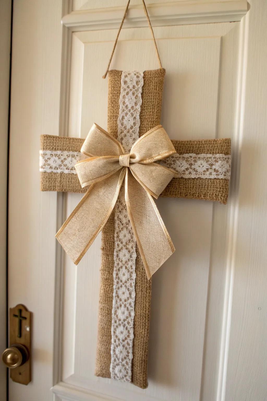 Embrace homespun elegance with this Hessian and Ribbon cross decoration.