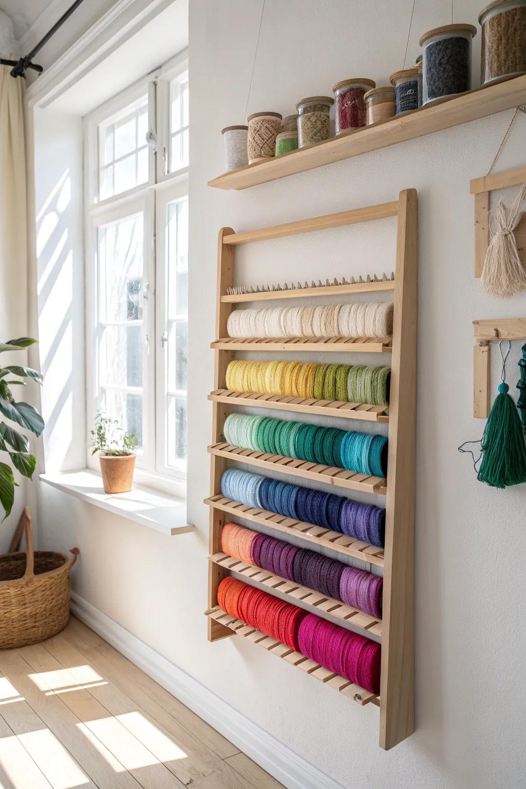 Change your craft space into a stylish place with racks on the wall that make your threads look like art.