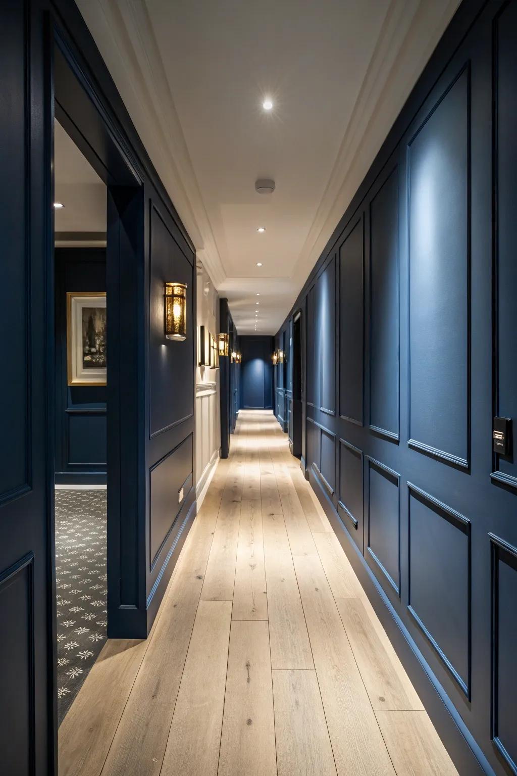 Fair wooden floors beautifully diverge with deep azure walls.
