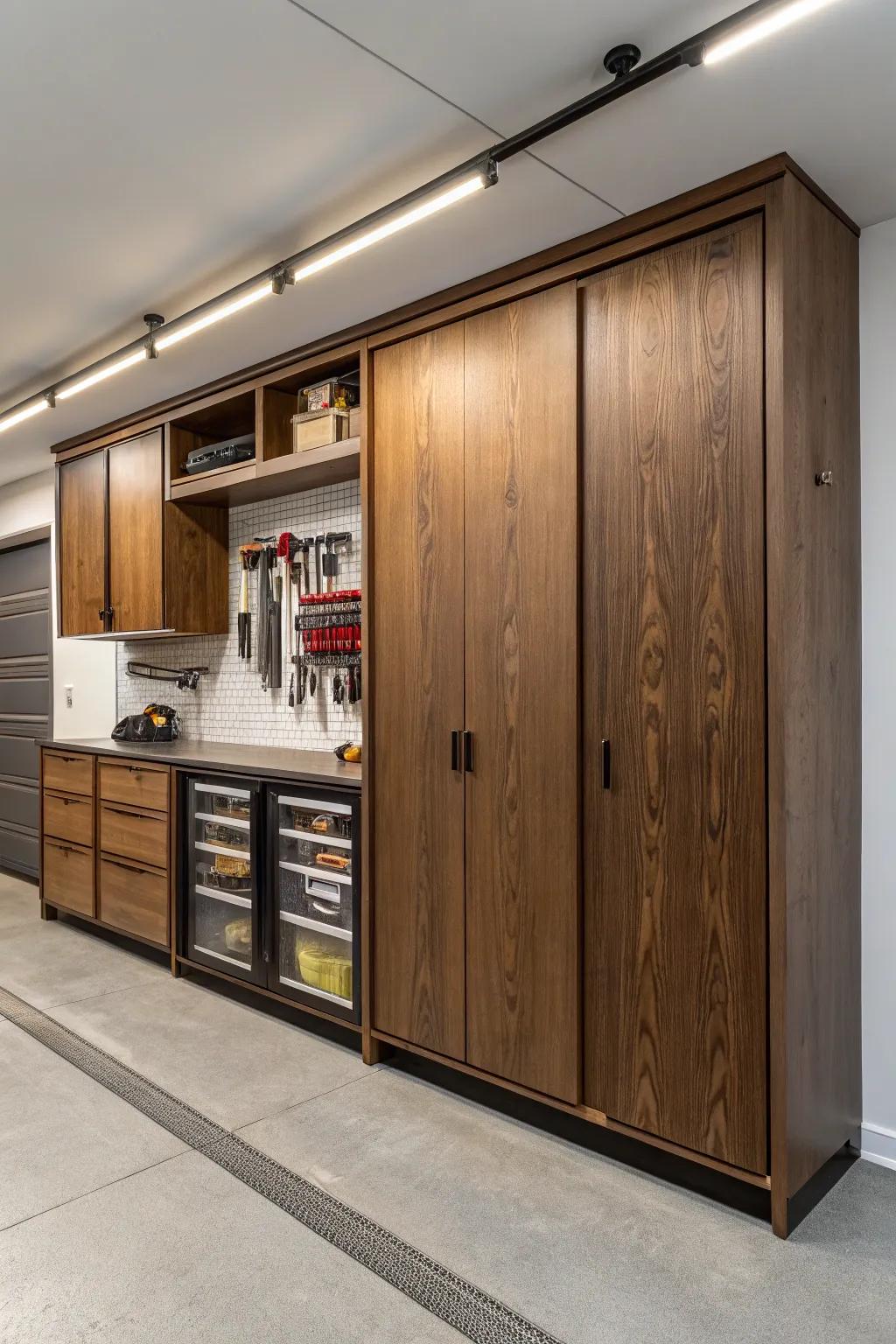 Refine your garage with expertly designed cabinet structures, fostering a tidy, clutter-free ambiance.