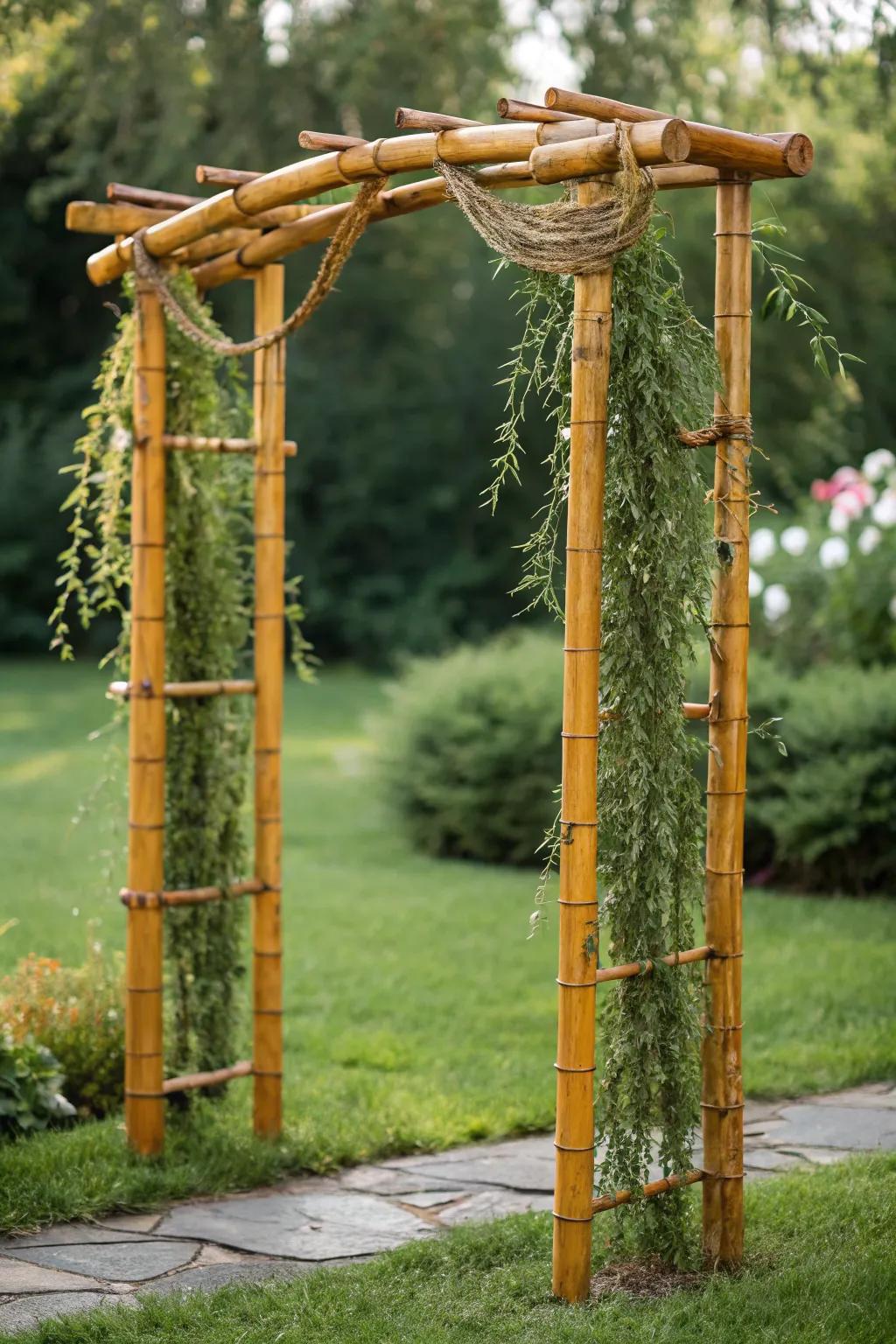 Transform your garden into a tropical haven with this refined cane archway, where simplicity harmonizes with exotic allure.