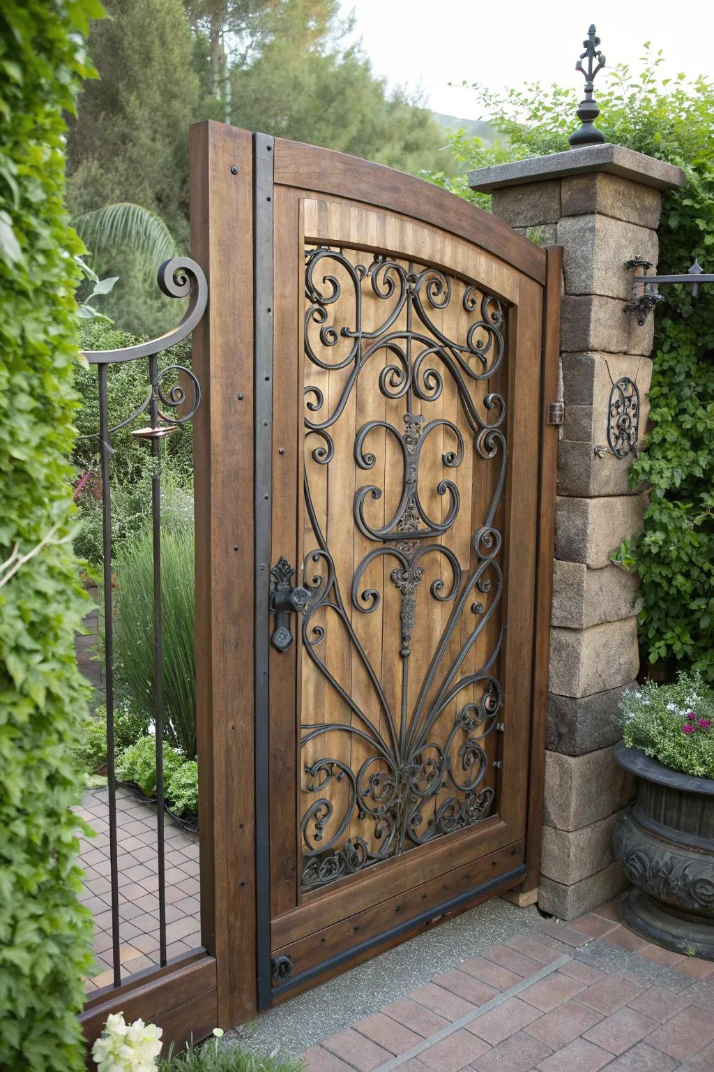 Elevate your garden entryway with the grace of metallic detailing in a handmade timber gate.