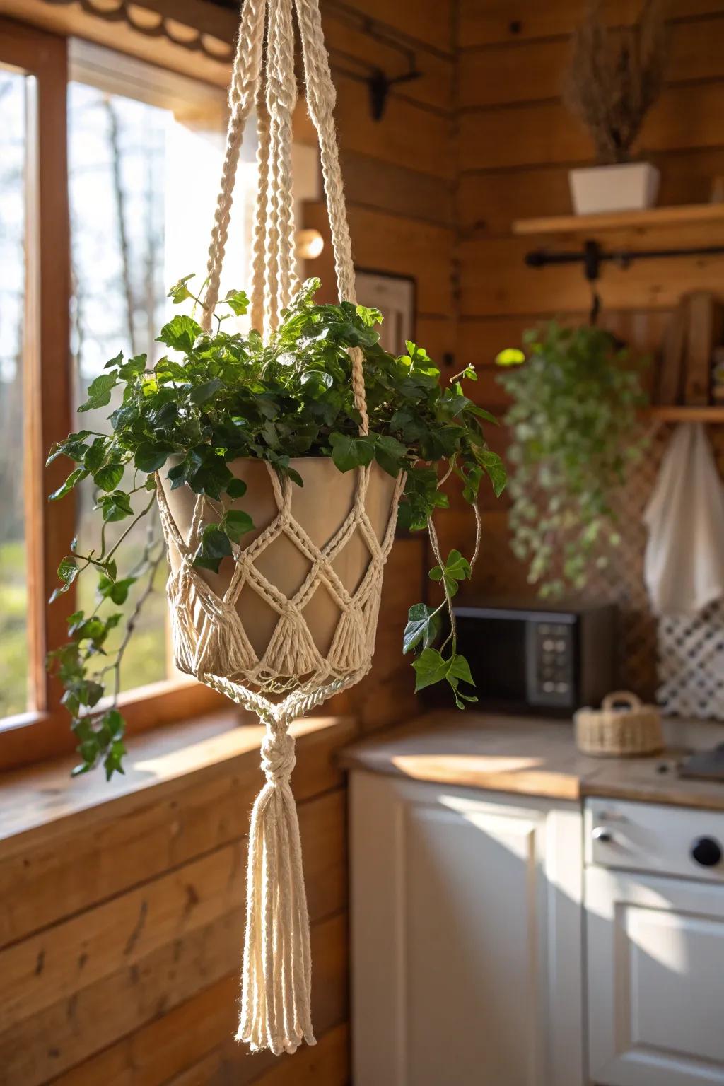 Enhance your cooking space's atmosphere with a handcrafted macrame hanger that exudes bohemian allure and a revitalizing touch of greenery.