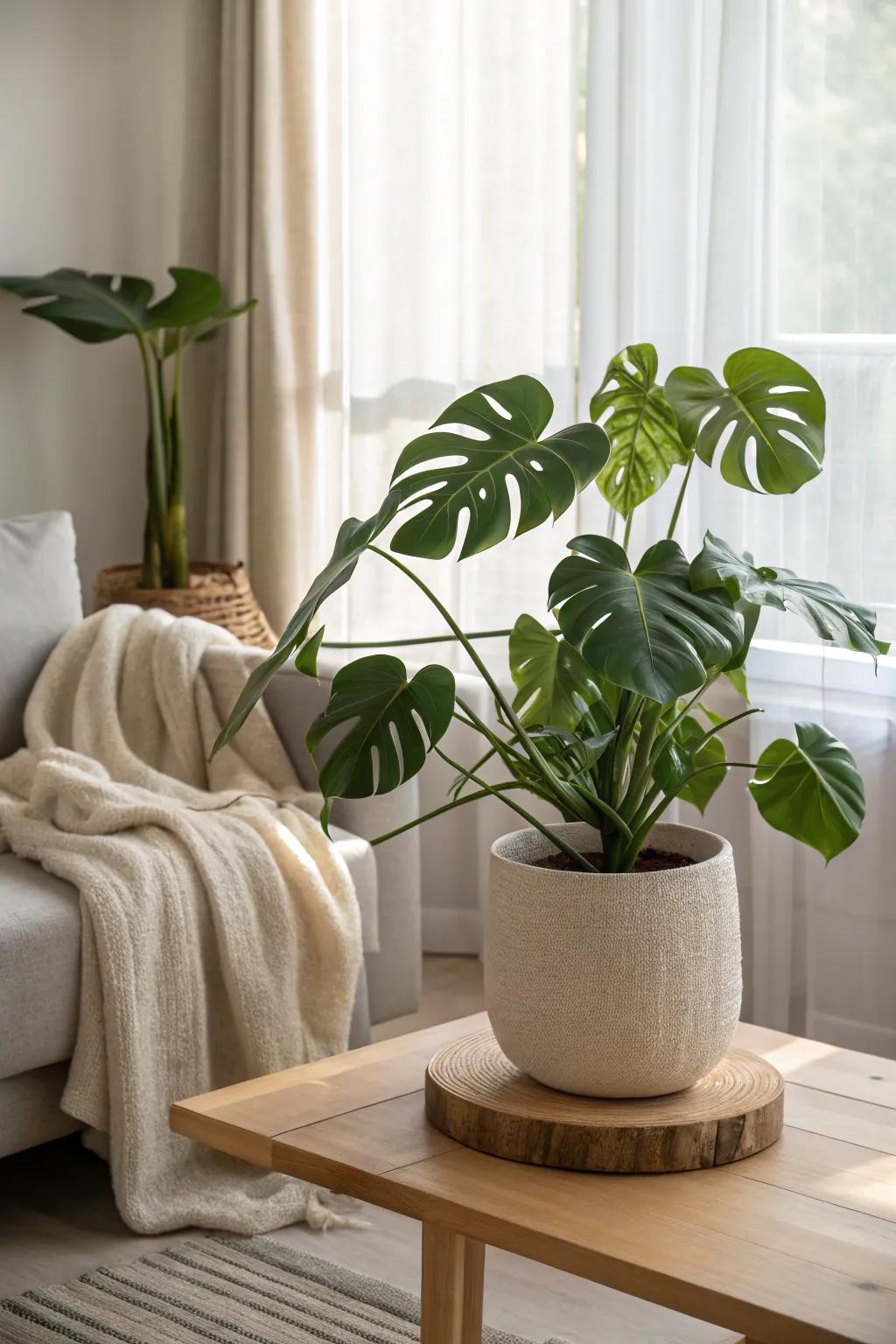 Convert your living room into a serene green indoor space with elegant simplicity.